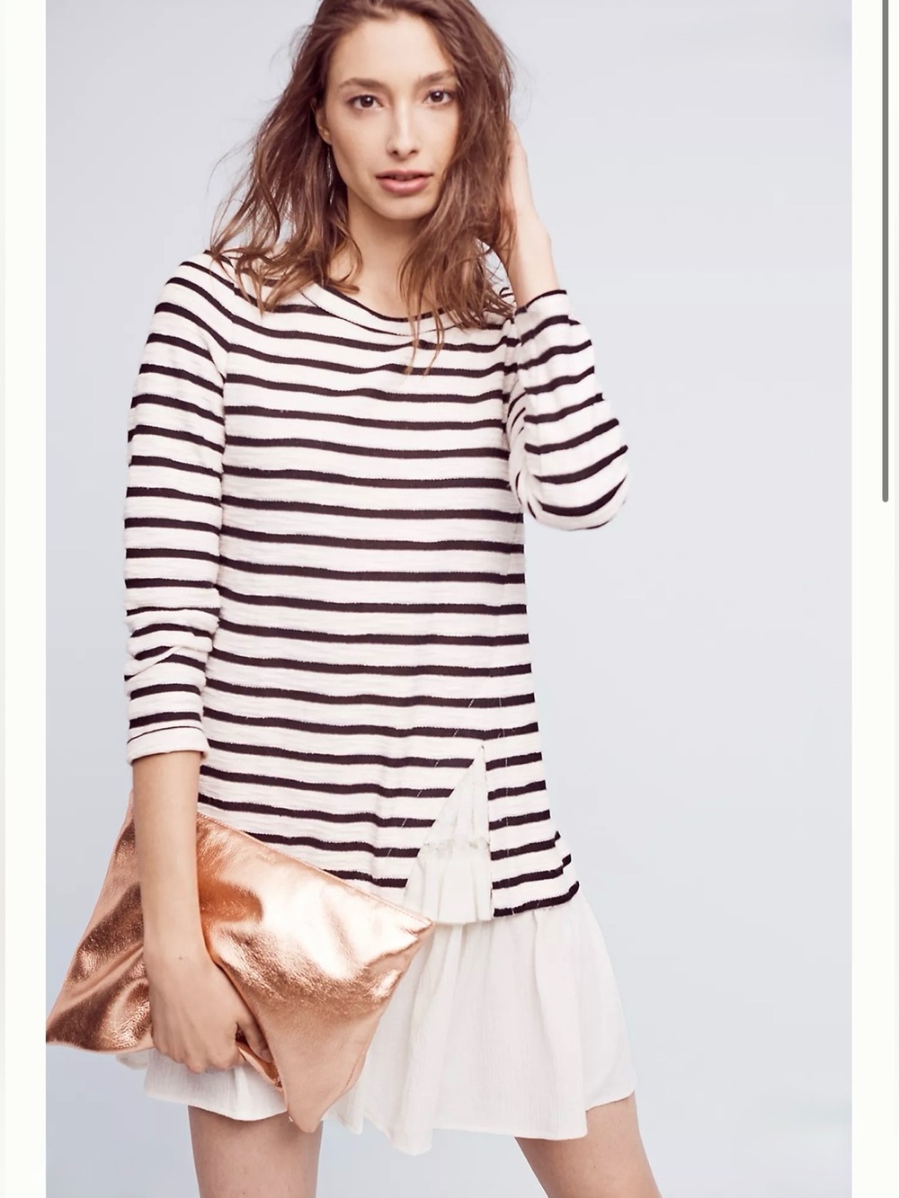 Anthropologie Yilessa Ruffle Tunic Sweater or Mini Dress Black & Ivory Stripes